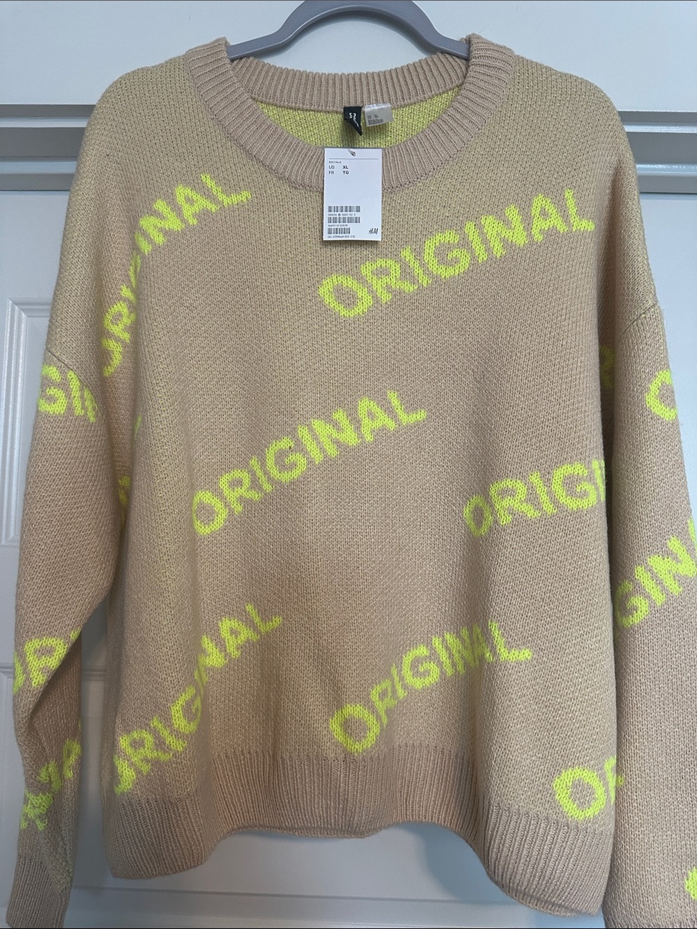 H&M Beige Knit Crewneck Sweater with Neon Yellow 'ORIGINAL' Print